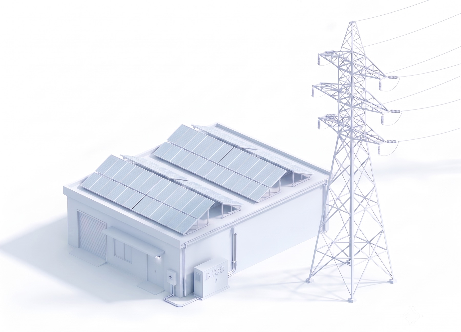 A commercial building with solar panels across its roof, a battery storage cabinet beside it, and a transmission tower carrying power lines away from the site.